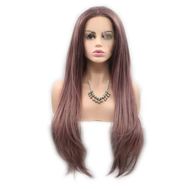 Sylvia Synthetic Lace Front Wigs Wood Color Natural Straight Hair Wigs Rose Brown Color Heat Resistant Fiber Soft Lace Long Hair