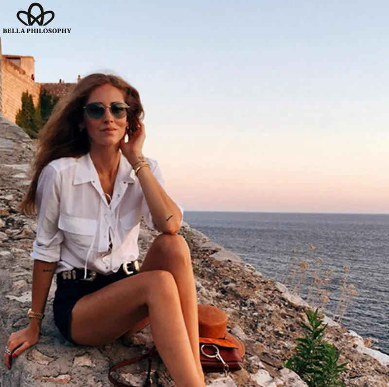 Женская шифоновая блузка Bella Philosophy белая с карманами и поясом на груди для весны