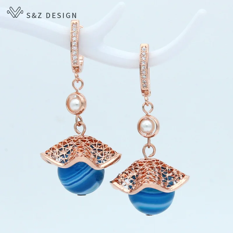 blue S& Z Новинка синий черный оникс Агаты круглый натуральный камень висячие серьги 585 розовое золото Женские уникальные ювелирные изделия подарок - Окраска металла: blue