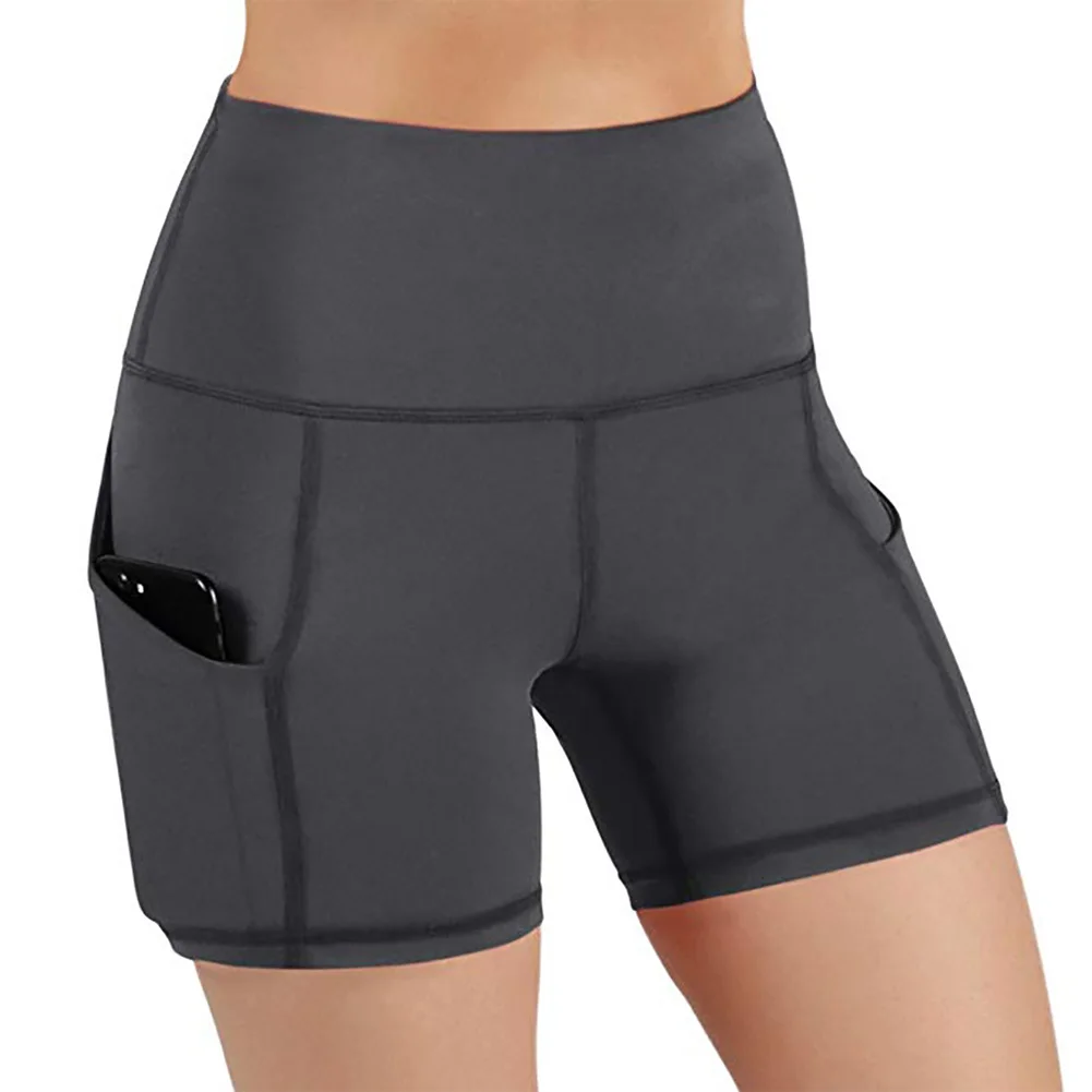 Women Elastic Quick Dry Summer Slim Fit Sports Yoga Shorts With Pocket Soft Gym Solid Sweat Absorbing High Waist Workout Tights