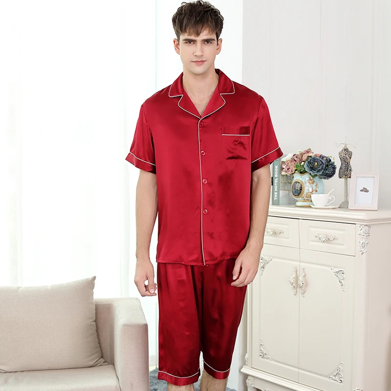 men's pajama sets 2019 new fashion brand summer short sleeve knee length shorts silk pajama set for man silk sleep night wear