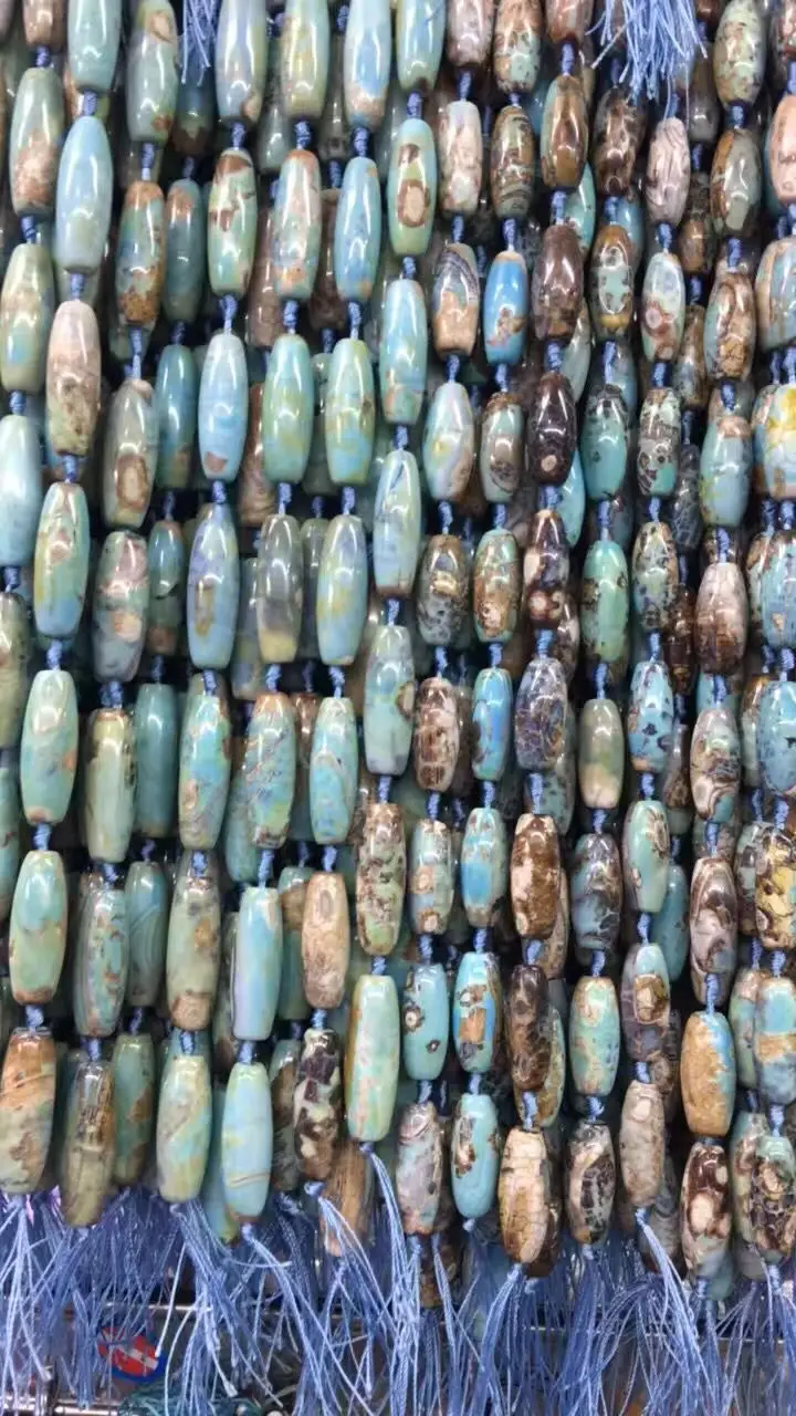 

2 Full Strands/lot Prayer Blue Tibetan Mystical Dzi Necklaces Finding, Tibetan Onyx Rice Gems Stone Matte Turtleback Drum Beads