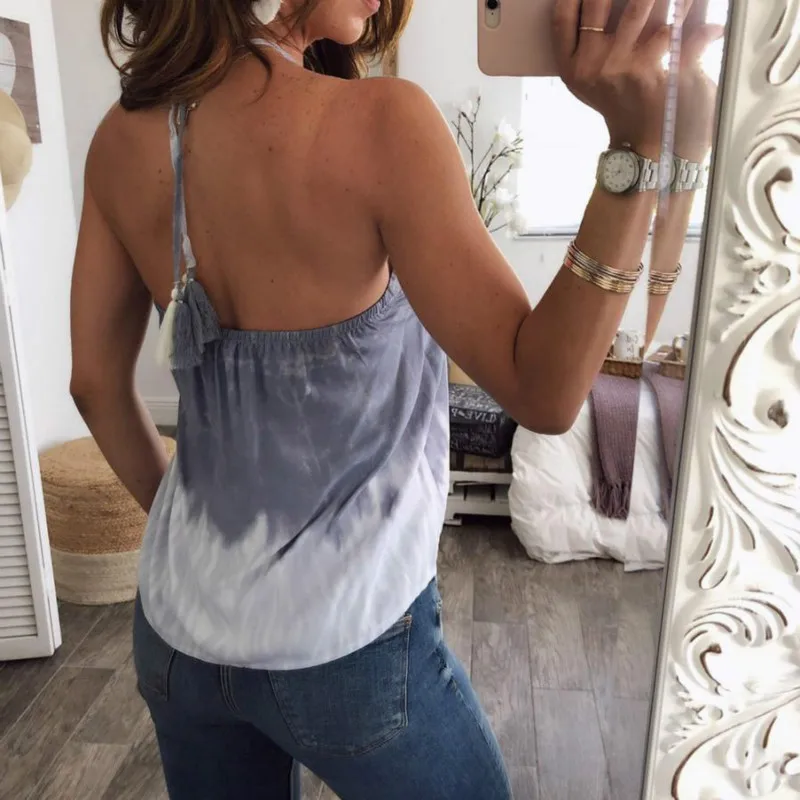 Для женщин Холтер кисточкой майка Цвет 2018 летнее лоскутное без рукавов с v