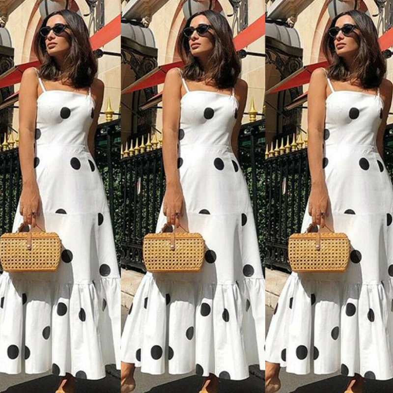 Женское платье-макси в горошек длинное вечернее пляжное платье стиле бохо