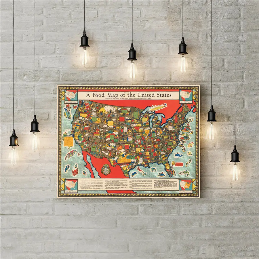 Карта еды из Соединенных Штатов красочные печатные плакаты на холсте настенные