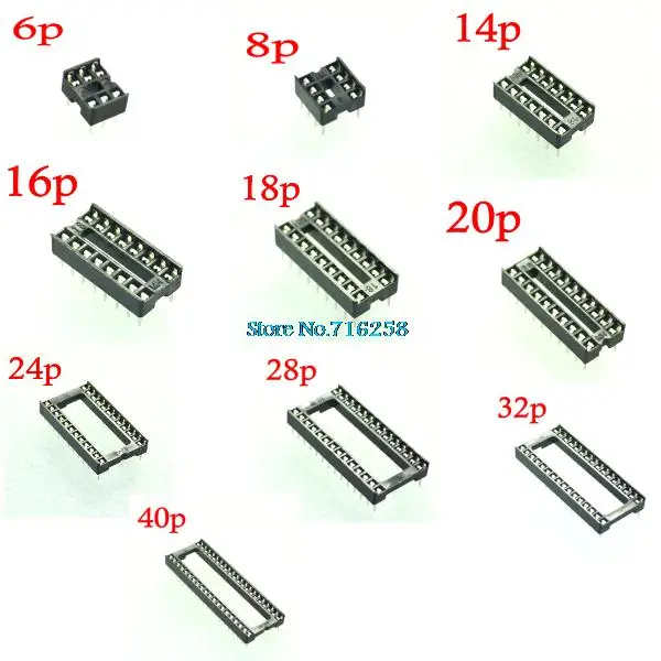 105 шт. IC Разъем 10 значений dip 6P 8P 14P 16P 18P 20P 24P 28P 32P 40P адаптер припоя Тип Комплект розеток для ICs
