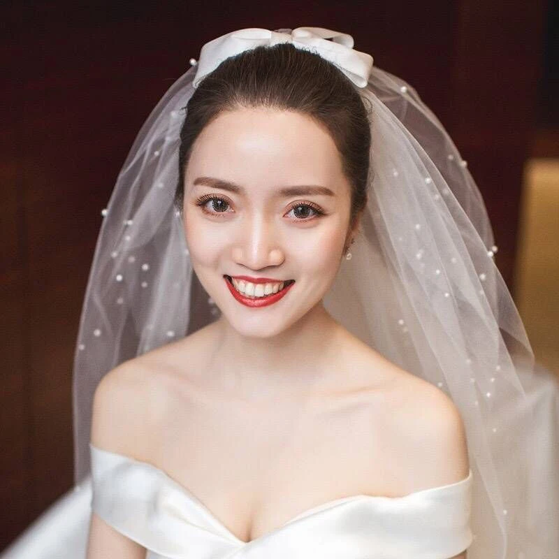 

Up.Sky 2019 Hot Sale White / Ivory Short Bow Bridal Veil with Comb Royal Pearl Wedding Veil