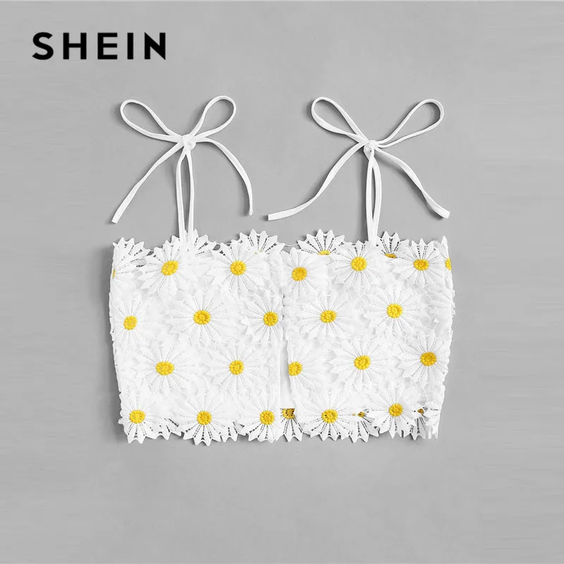 SHEIN женский белый укороченный топ с вышивкой на плече и узлом, женский пляжный отдых, Boho, милый облегающий летний топ на бретельках, сексуальный топ