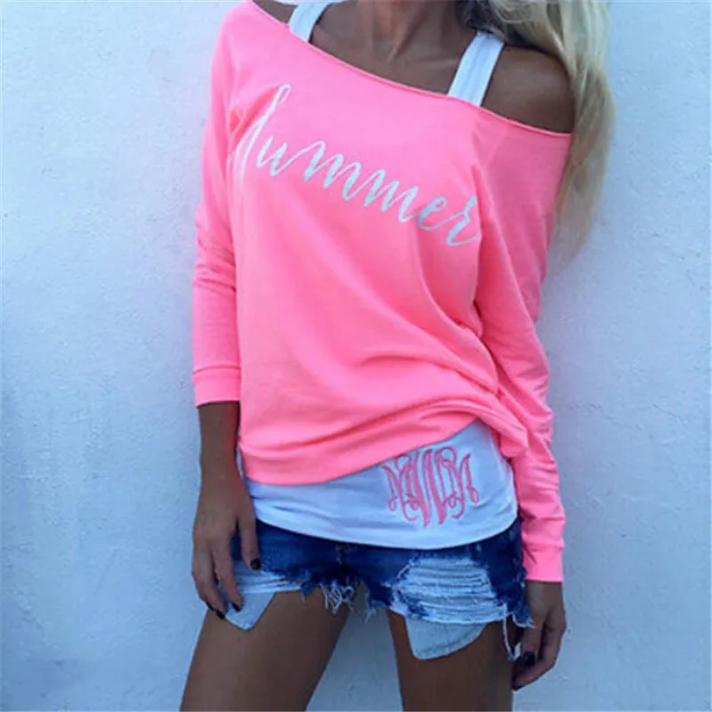 

2019 Slash Neck Women T Shirt Ladies Spring Autumn Loose Casual Long Sleeve Causal Tee New Elegant Woman Letter Pattern T-shirt