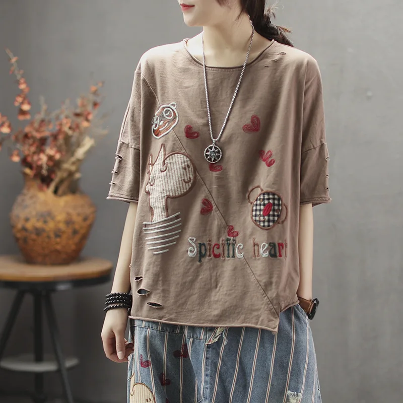 Женская футболка с вышивкой весна лето Свободный пуловер в стиле ретро