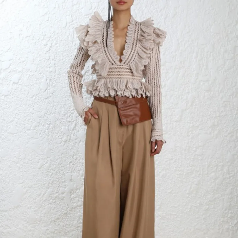 [DEAT] 2020 spring New Arrival Fashion Ruffles Long Sleeve Short Print V-neck Casual Hollow Fold Women Y-shirt Lady KB549 | Женская