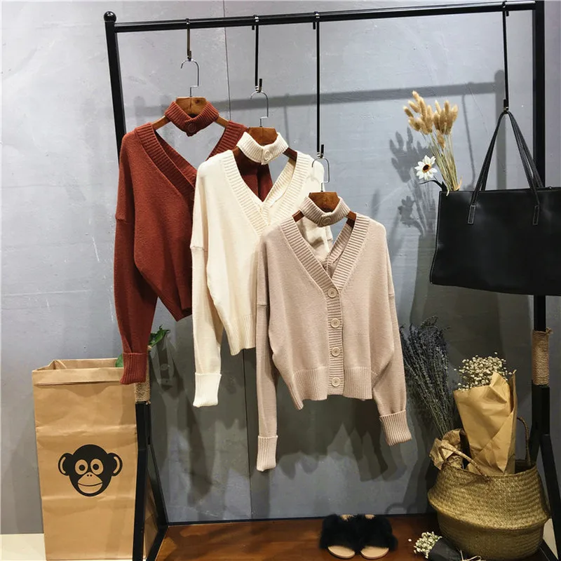BEFORW Двусторонняя V шея Однобортный свитер женский Повседневная куртка женская