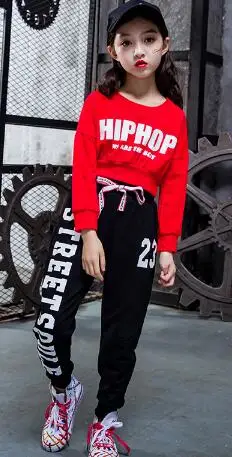 red 2PCS Set Детский бальный костюм для девочек в стиле джаз, хип-хоп, танцевальный костюм, укороченные топы и штаны для девочек-подростков, Одежда для танцев, детский спортивный костюм - Цвет: red 2PCS Set
