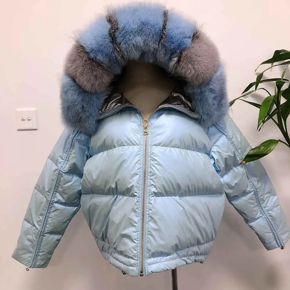 BabyBlue Женская зимняя куртка, пуховик с воротником из натурального Лисьего меха, парка, верхняя одежда, Толстая теплая зимняя куртка - Цвет: BabyBlue