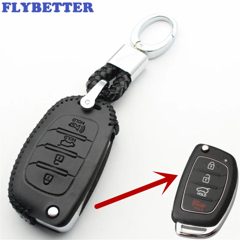 

FLYBETTER Genuine Leather KeyChain 4Button Flip Key Case Cover For Hyundai I40/Azera/Tucson/Elantra/Accent Car Styling L221