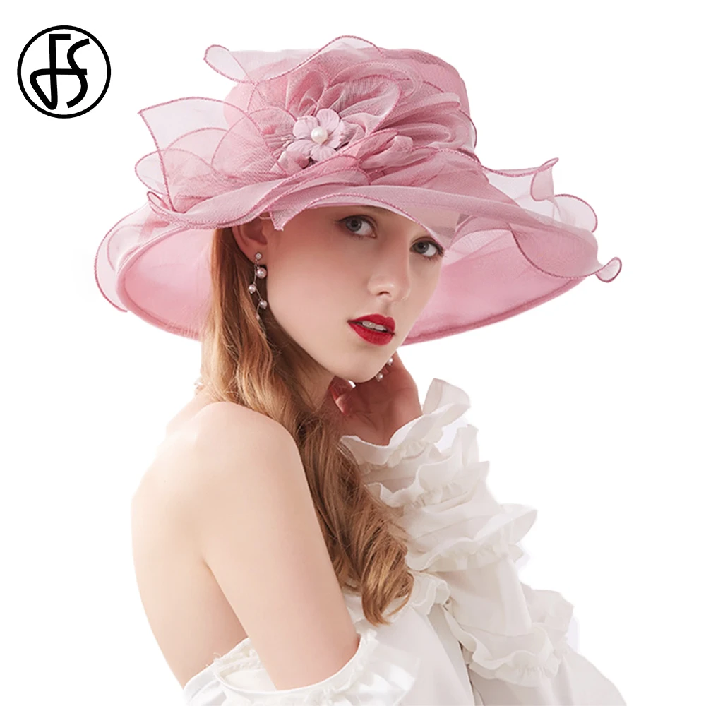 FS Summer Organza Fascinator Hat Foldable Wedding Church Dresses Kentucky Hats For Women Elegant Pink Wide Brim Fedora