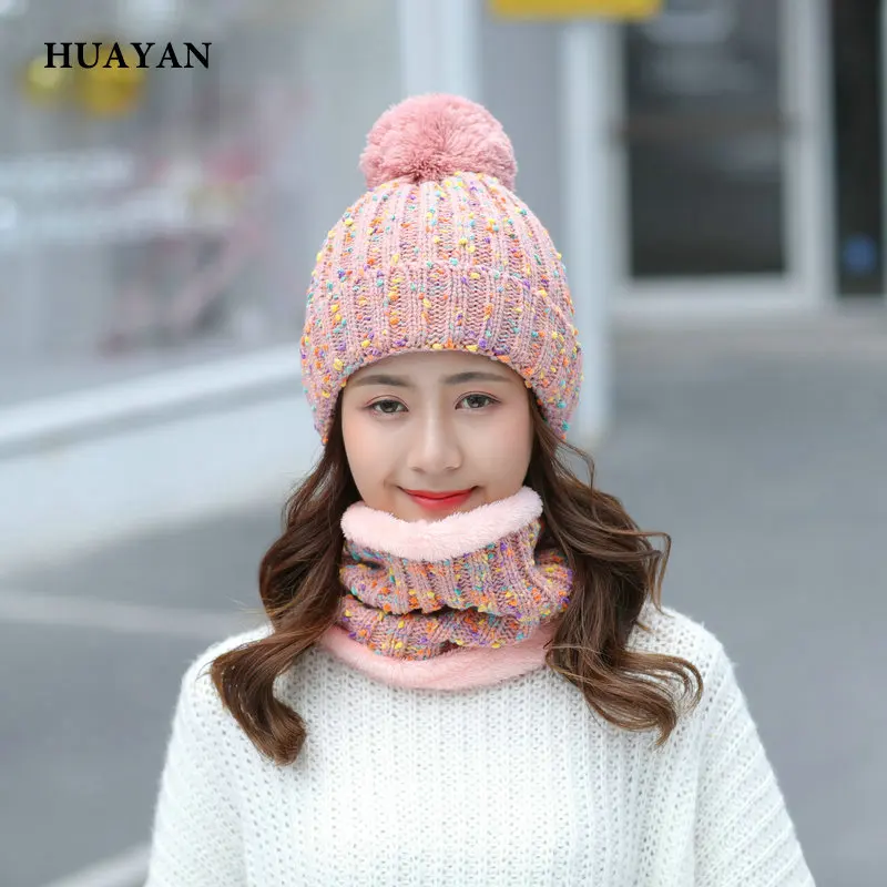 

Зимняя женская шапка HUAYAN, бархатная плотная Теплая Лыжная вязаная шапка и шарф, комплект из 2 предметов для девочек, шапка, женская шапка