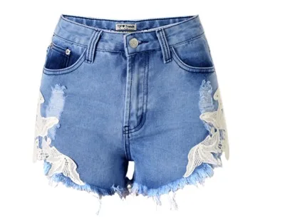Blue New Style Shorts Women Summer New Jeans Shorts Sexy Lace High Waist Beach Casual Ripped Tassel Hole Denim Soft Cotton Shorts - Цвет: Blue