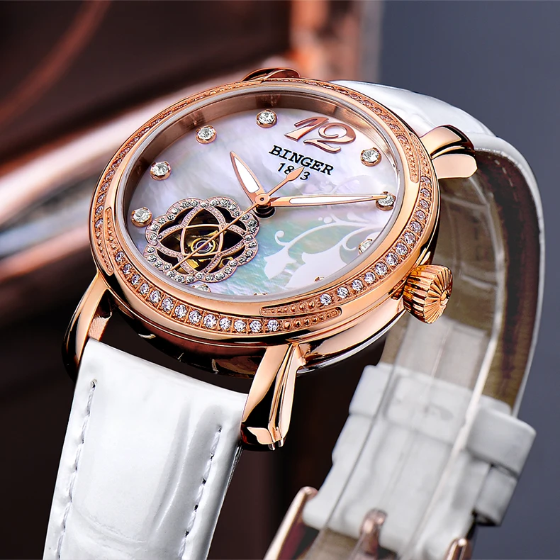 

2017 New BINGER Skeleton Movement Rose Golden Dial Automatic Watch Mechanical Wristwatch For Women With White Leather Strap
