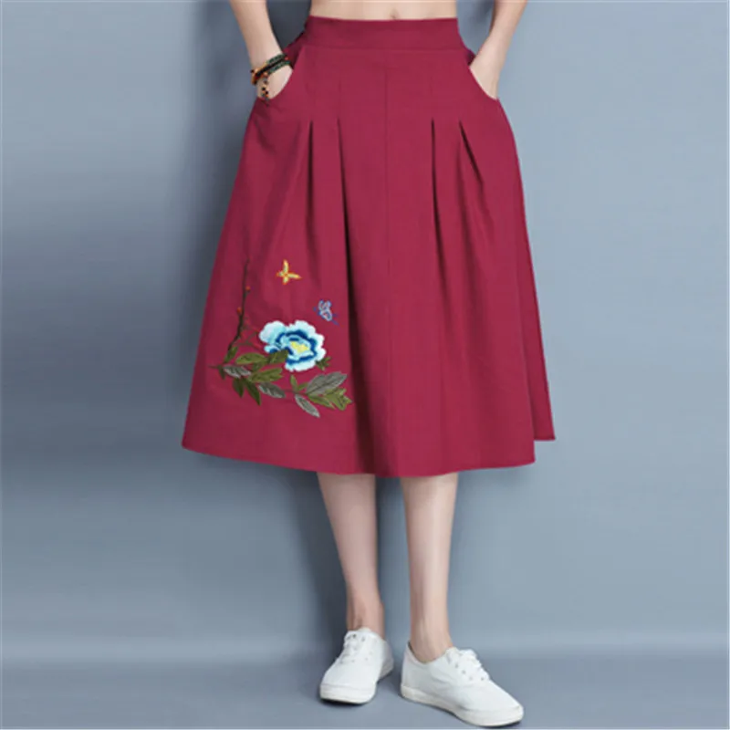 Вышивка Faldas Mujer Moda новинка элегантные винтажные с принтом А-силуэта Инди фолк хлопок лен Harajuku этнические модные юбки для женщин - Цвет: 6819-wine red