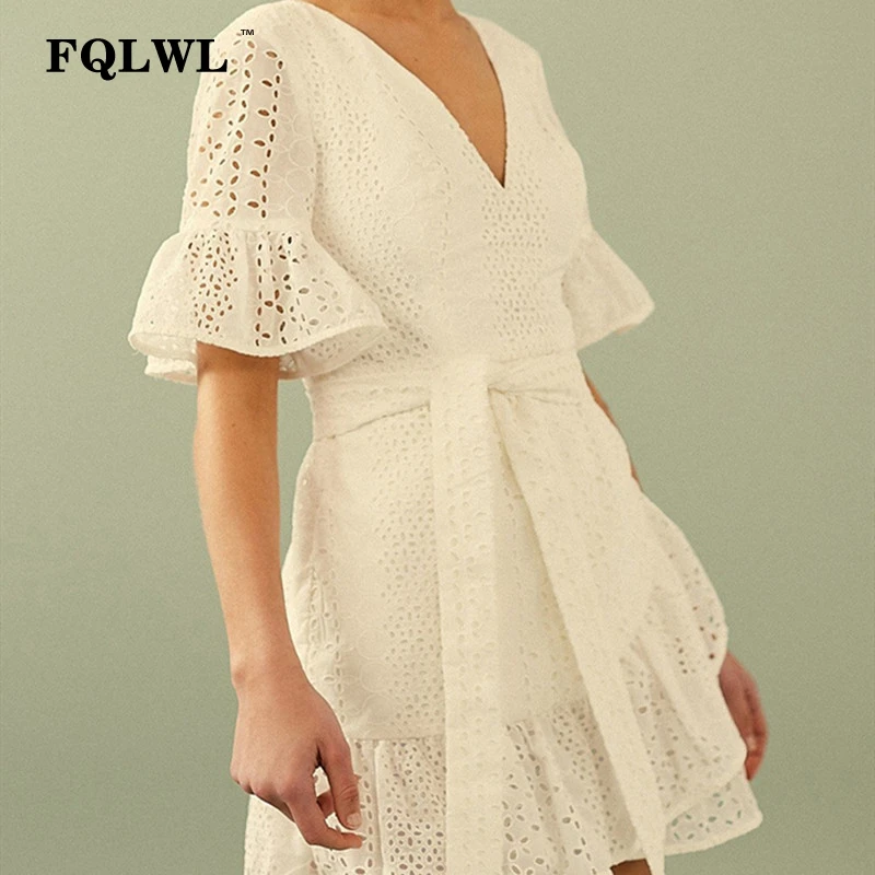 Женское летнее платье с оборками FQLWL белое Бандажное из хлопка коротким рукавом и
