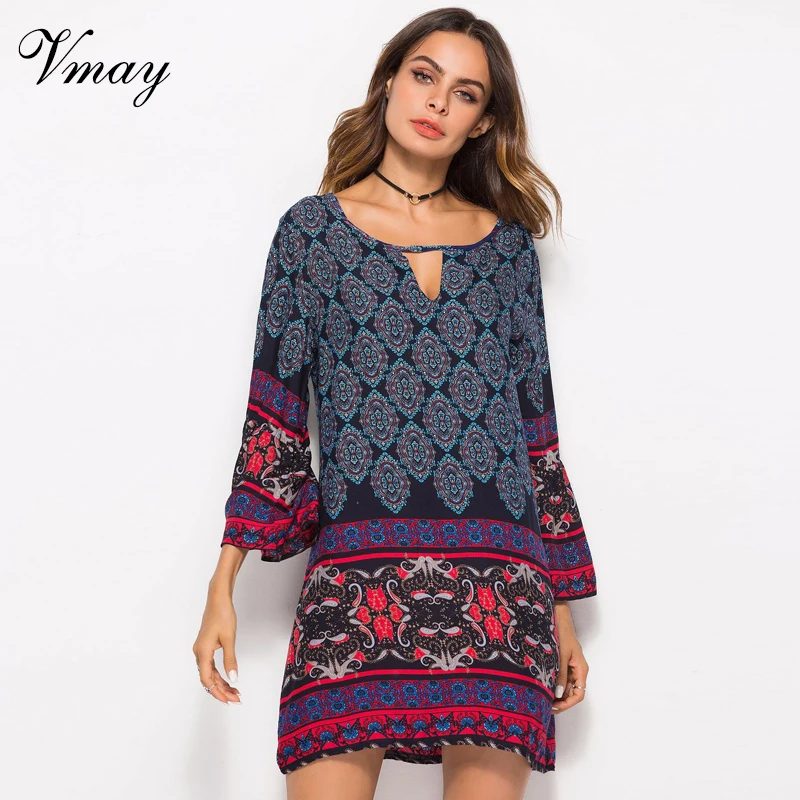 Vmay Для женщин Винтаж Boho Стиль Мини платья Новое поступление запястья рукава v