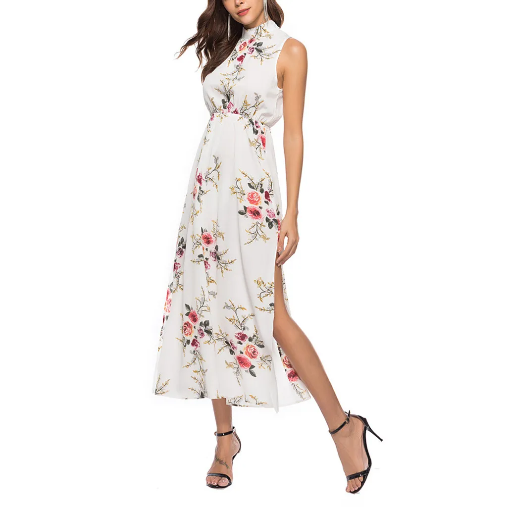 Women Summer Floral Print Beach Dress Ladies Sexy Thigh Slit Slip Midi Halter Sleeveless High Waist Tank Vestido | Женская одежда