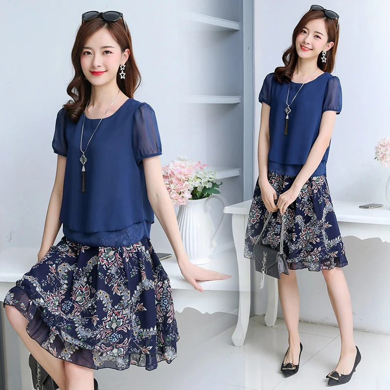 Fashion Two Piece Set Women Skirt 2019 New Short Sleeve Tops+Printed Chiffon Summer Elegant Plus Size Womens 3XL |
