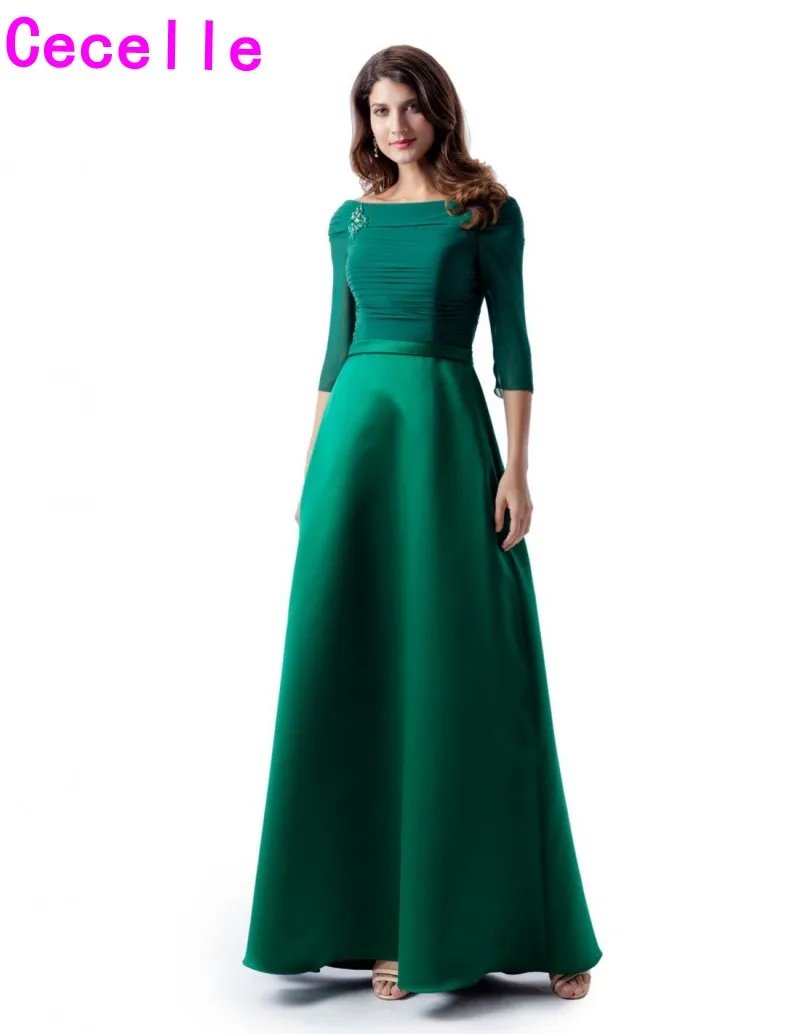 

Green Chiffon Satin A-line Long Modest Mother Bride Dresses With 3/4 Sleeves Floor Length Mother's Elegant Fromal Evening Gowns