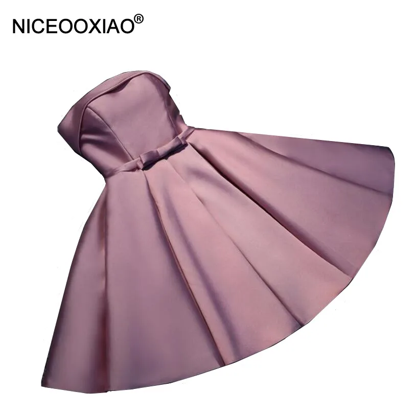 Женское вечернее платье без бретелек NICEOOXIAO розовое Короткое бальное с бантиком и