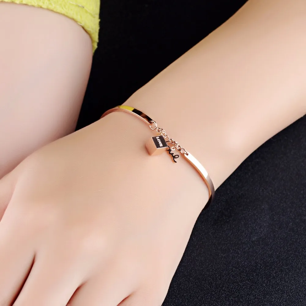 Fashion Stainless Steel Chain Bangles Bracelets For Women Love Letter &amp Cube Rose Gold Color Extended Charm Jewelry | Украшения и