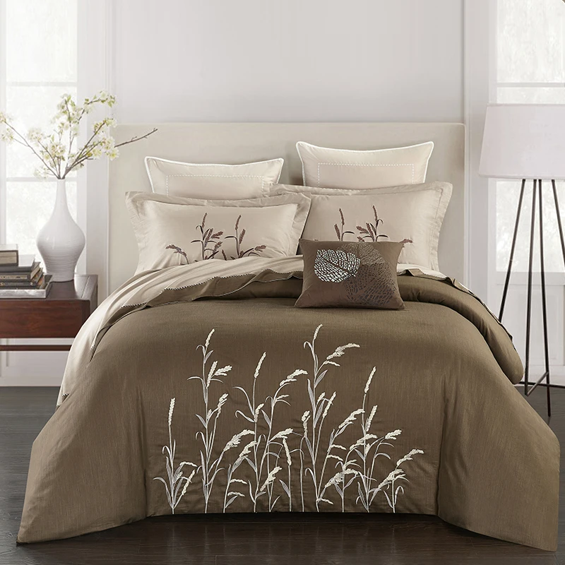

4pcs Linen Cotton Luxury Brown Beige Grey Bedding Sets Embroidery King Queen size Duvet Cover Bed Sheet set Pillowcase 38