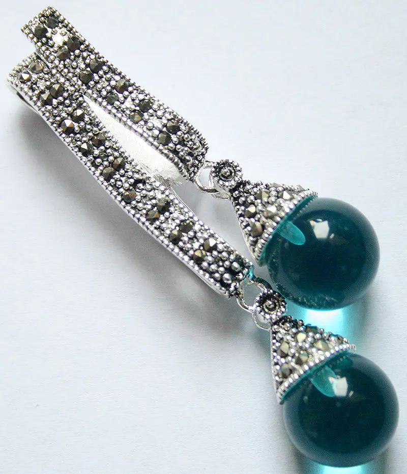 12 мм два круглых синих опала кошачий глаз 925 пробы марказит кулон 58*20 мм|pendant