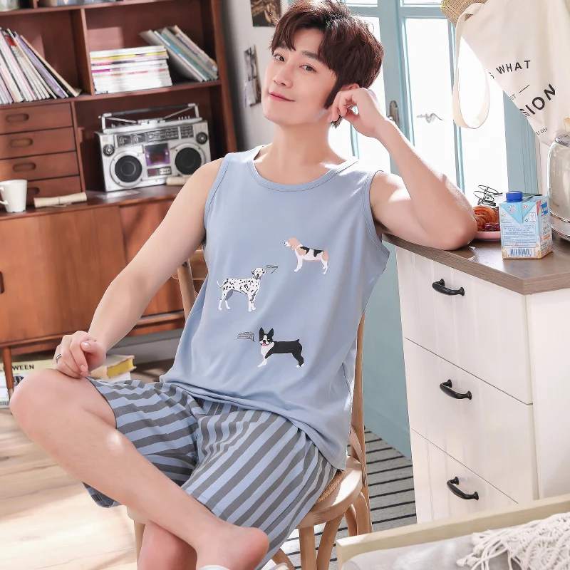 Мужская Летняя одежда жилет с изображением собак животных + шорты в полоску