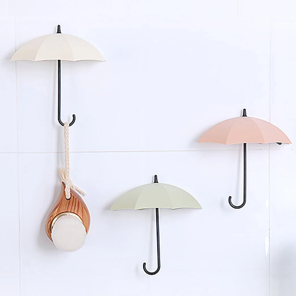New 3Pcs Cute Umbrella Wall Mounted Hook Key Hanging Bag Brush Holder Decorative Organizer | Дом и сад