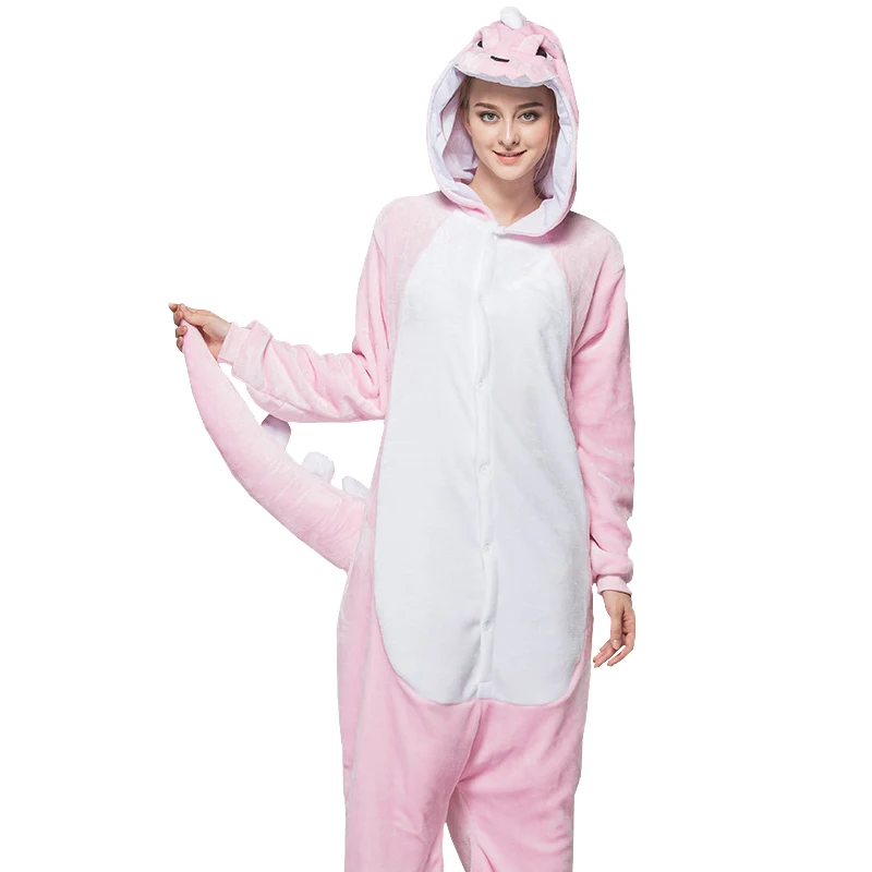 Pink Dinosaur Женщины Животное Пижама Взрослый Единорог Пикачу Панда Стежок Пегас Мультфильм Косплей Фланель с капюшоном Унисекс Пижама Костюм Onesies пижама женская комплект ночнушка - Цвет: Pink Dinosaur