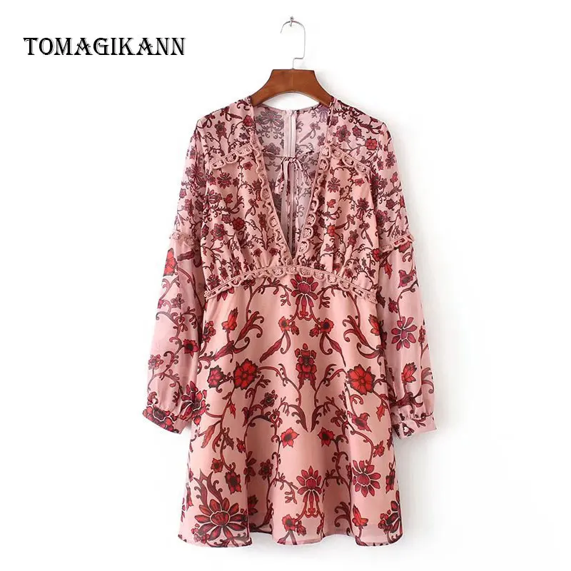 Sexy Flower Print Chiffon Deep V-Neck A Line Full Sleeve Short Dress 2019 Women Fashion Dresses Holiday | Женская одежда