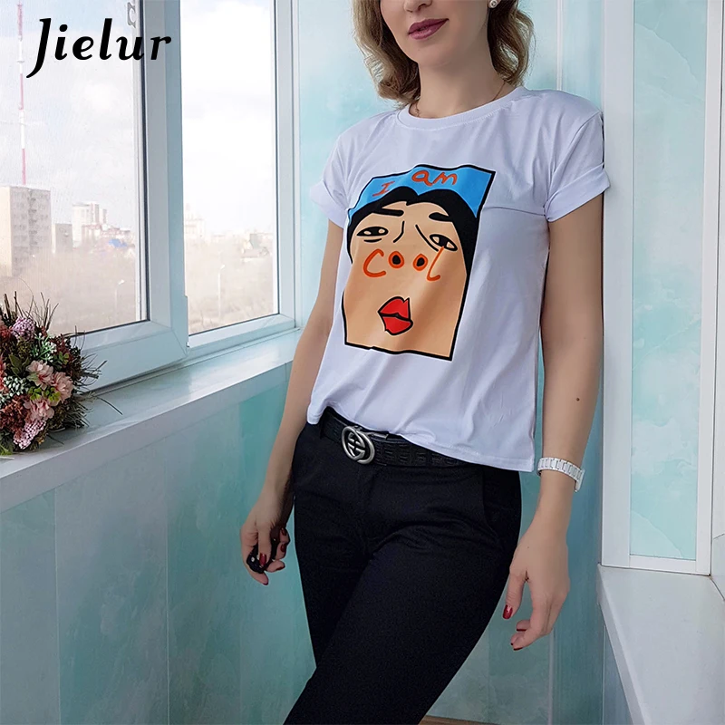 

Jielur Harajuku I am Cool Funny Letter Print White T shirt Women Korean Creative Female T-shirt Fashion Spoof Black Top Tee S-XL