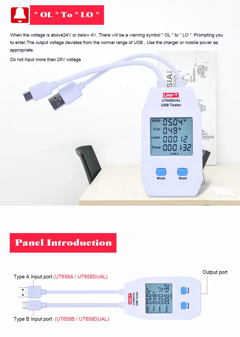 UNI-T UT658 серия USB измеритель мощности и тестер USB-A и USB-C цифровой измеритель напряжения/тока/емкости/энергии/сопротивления