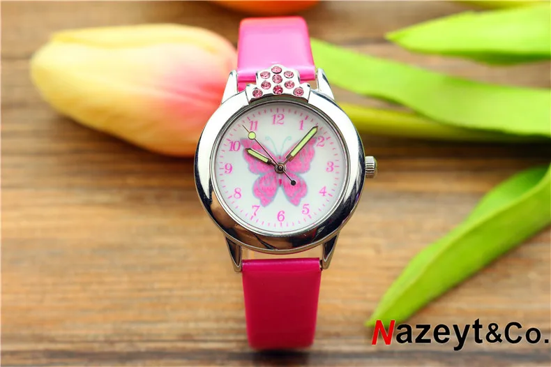 crystal rose Nazeyt детские часы с персонажами мультфильмов для девочек прекрасный циферблат с бабочкой светящиеся стрелки Хрустальные кожаные часы с бриллиантами подарок на день детей - Цвет: crystal rose