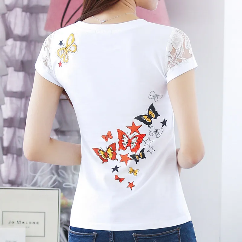 Женская Кружевная футболка со стразами Camisetas Mujer белая с принтом лето 2019 | одежда