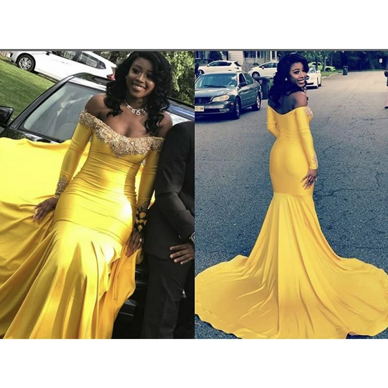 

Long Prom Dresses Elegant Beaded V-neck Long Sleeve African Black Girl Gold Floor Length Mermaid Prom Dress