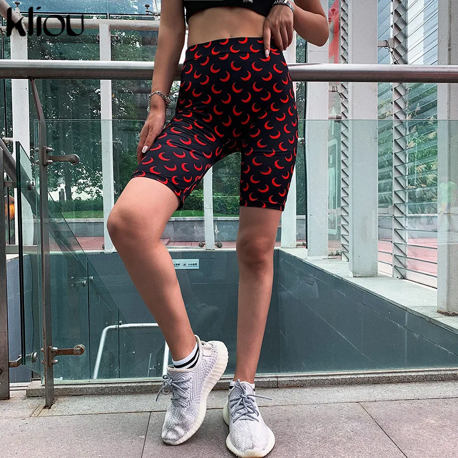 Kliou women skinny shorts elastic high waist fitness short print trousers summer female casual fashion street short pants