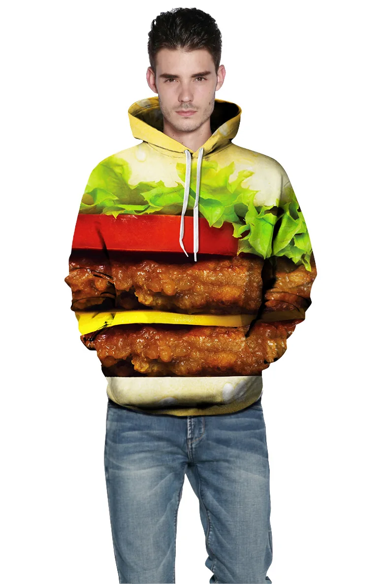 Harajuku 3D Print hamburger Sweatshirts Fashion Long sleeve with hat Men Women Cute Soft Hoodies Cartoon Hoody Hooded Pullover | Женская