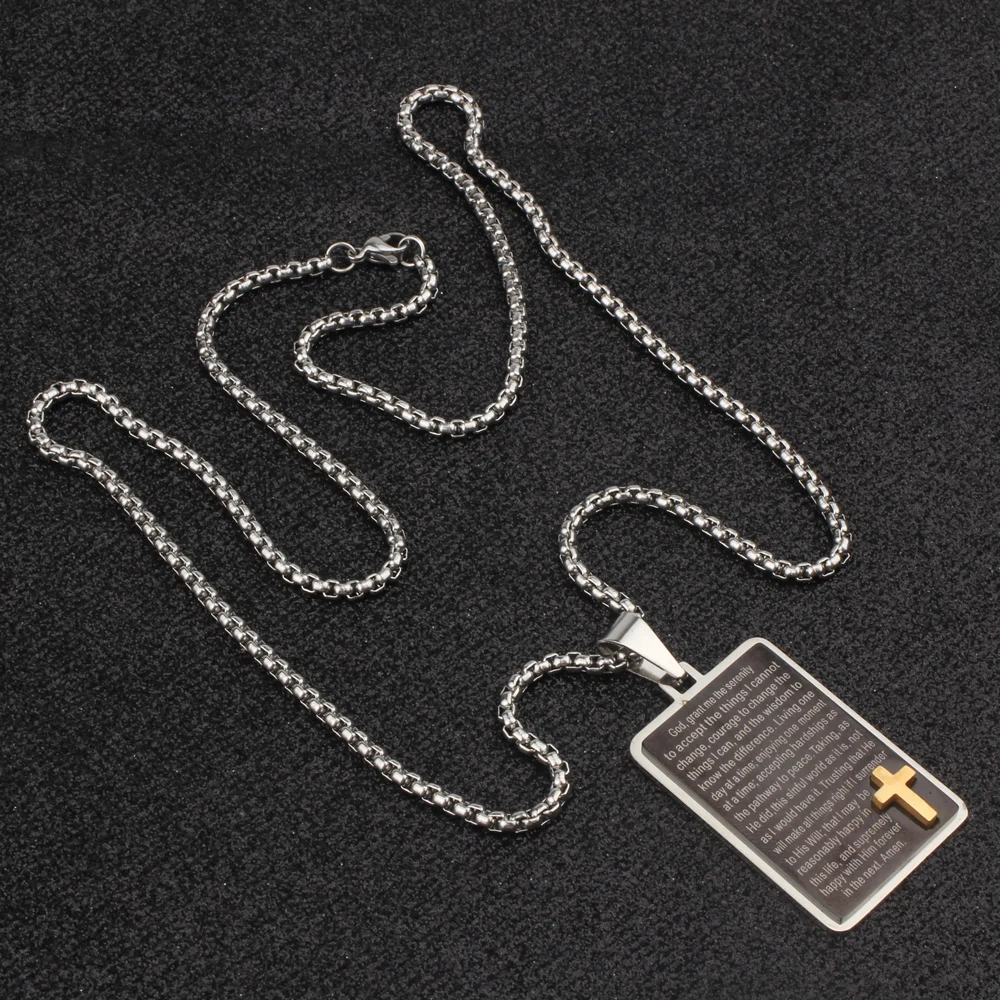 FINE4U N229 Stainless Steel Carving Dog Tag Pendant Necklace Men Box Chains Bible Cross Prayer For Christian Jewelry | Украшения и