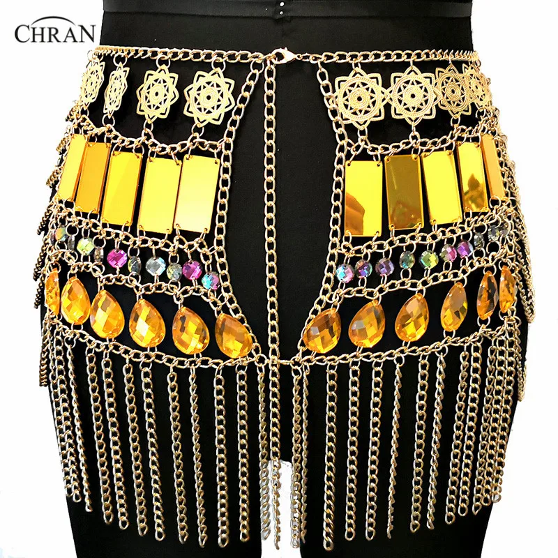 Сексуальная юбка для танца живота золотой с бахромой пояс-цепочка на талию