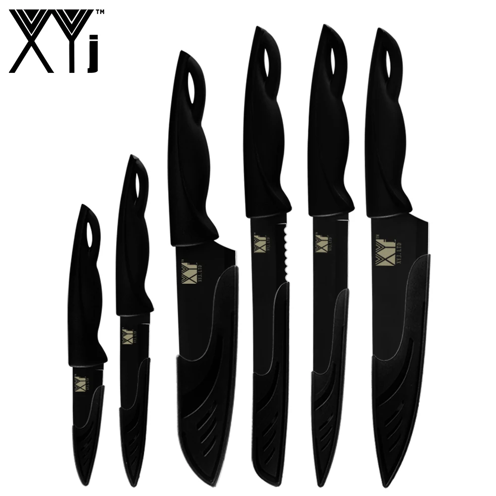 C.6pcs set XYj 8 шт набор ножей из нержавеющей стали пластиковые Нескользящие ручки Бесплатные крышки 8 ''7'' 5' '3. 5 ''мясной нож шеф-повара рыба кухонный аксессуар - Цвет: C.6pcs set
