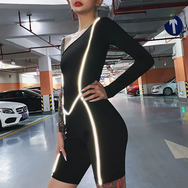 Shiny Neon Orange One Shoulder Reflective Playsuit Women Sexy Long Sleeve Rompers Short Jumpsuit Black Green | Женская одежда