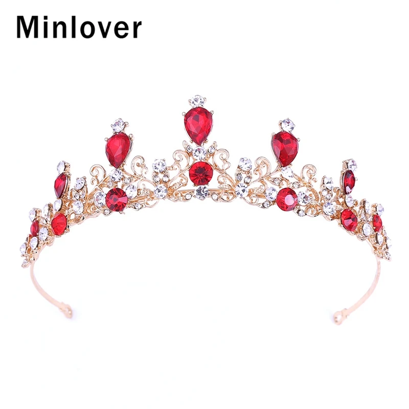 Minlover Винтаж Красный Кристалл короны в стиле барокко и диадемы для женщин Роскошные Головные уборы невесты королева свадебная диадема аксессуары для волос