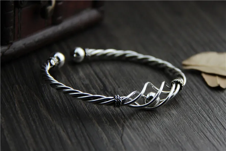 Однотонные браслеты из чистого серебра 925 пробы, браслеты для женщин и мужчин, браслет с витой веревкой, винтажные Свадебные регулируемые браслеты